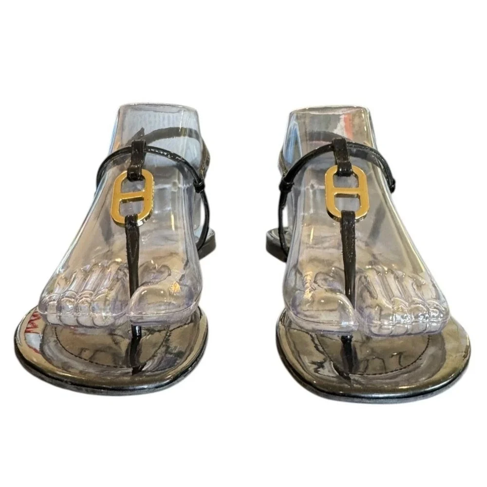 Tory Burch Womens Patent Sandals 7M Black T‎ Strap Thong Gold Link Minimalist